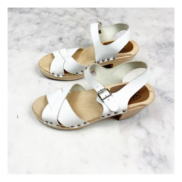 MIA Gertrude White Leather Cross Strap Peep Toe Clog Sandals Wood Heel Sz 39 - Picture 6 of 10